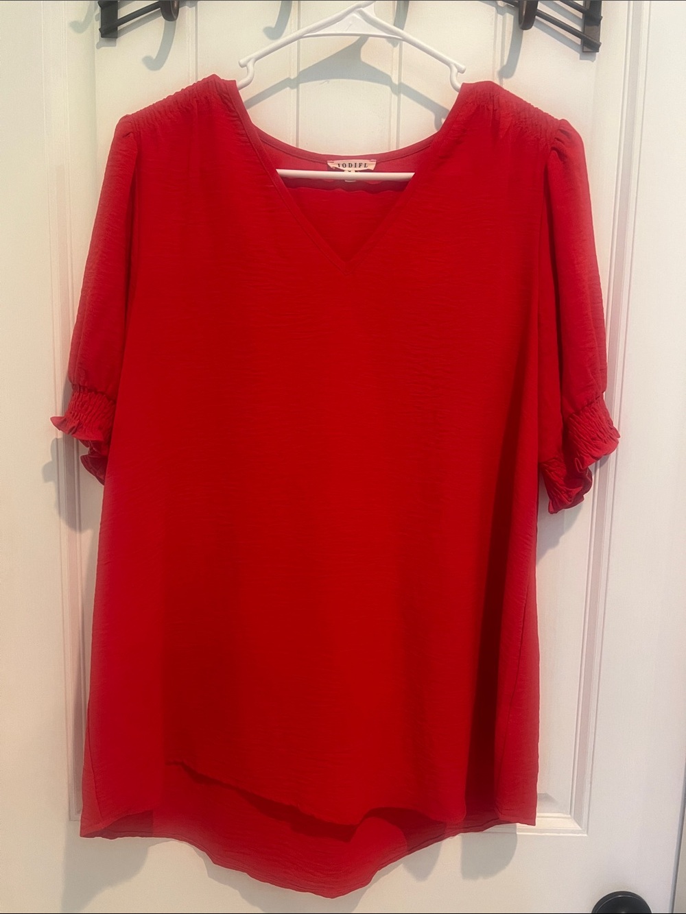 JODIFL Red V-Neck Ruffle-Sleeve Tunic